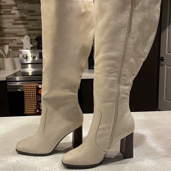 Wide Calf Off White Knee High Boots - Picture 2 of 6